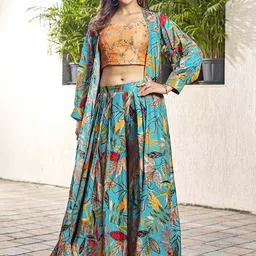 Chandbaali Embroidered Satin Top & Palazzos with Shrug-picture-21