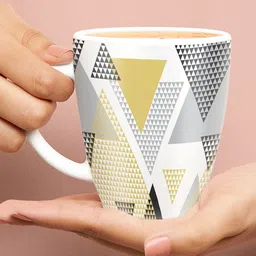 Larah by BOROSIL White & Beige Geometric Printed Opalware Matte Mugs - 400 ML image 3