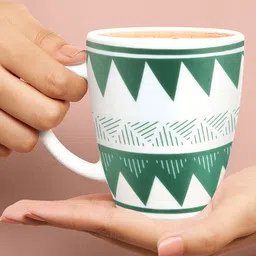 Larah by BOROSIL White & Green 2 Pcs Geometric Printed Opalware Matte Mugs-400 ML Each image 3