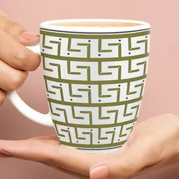 Larah by BOROSIL White & Green Geometric Printed Opalware Matte Mug - 400 ML image 3