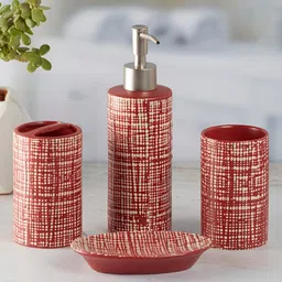 Kookee Red & White 4 Pieces Geometric Ceramic Bath Accessories Set-3