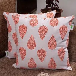 HOMEMONDE White & Orange Set of 2 Floral Square Cushion Covers-picture-1