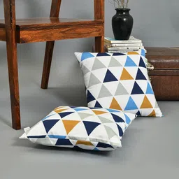 HOMEMONDE White & Blue Set of 2 Geometric Square Cushion Covers-37
