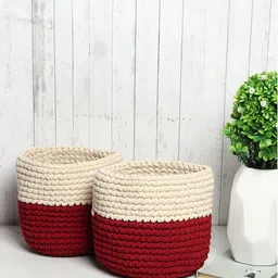HABERE INDIA Maroon & Cream 2 Pcs Colorblocked Jute Crochet Storage Baskets-36