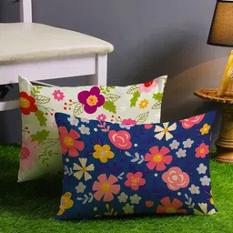STITCHNEST Blue & White Set of 2 Floral Rectangle Cushion Covers-10