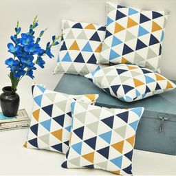 HOMEMONDE Set of 5 White & Blue Geometric Square Cushion Covers-42