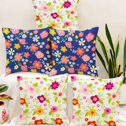 STITCHNEST Blue & Pink Set of 5 Floral Square Cushion Covers-34