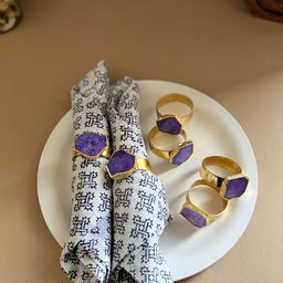 HOMEARTE Purple & Gold Toned 6 Pieces Crystal Agate Metal Napkin Rings Set-19