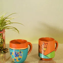 AAKRITI ART CREATIONS Brown & Blue 2-Pieces Printed Terracotta Matte Cups  200 ml Each-26