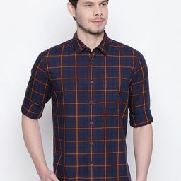 Basics Men Maroon & Blue Slim Fit Tartan Checked Twill Cotton Casual Shirt-picture-1