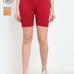 GRACIT Women Pack of 2 Beige & Maroon Biker Shorts-picture-11
