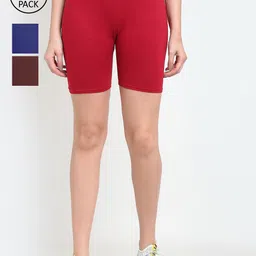 GRACIT Women Blue & Maroon Pack Of 3 Cycling Shorts-image-27