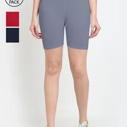 GRACIT Women Pack Of 3 Solid Regular Fit Mid-Rise Cotton Biker Shorts-image-34