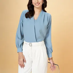 Annabelle by Pantaloons Solid Cuffed Long Slevees V-neck Top-38