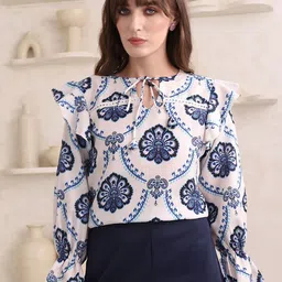 OBSHIVKA Printed Tie-Up Neck Ruffles Top-image-97
