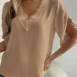 KPOP Brown V Neck Short Sleeves Top-picture-12
