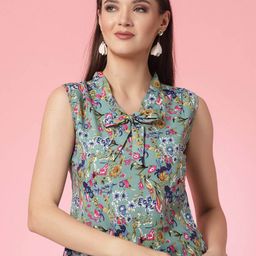 Oomph! Floral Printed Tie Up Neck Sleeveless Regular Top-9