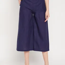 Clora Creation Women Navy Blue Smart Easy Wash Pleated Cotton Culottes Trousers-image-24