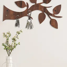 RANDOM Set of 2 Coffee Brown Solid Tree Branch Wall Hanging Key Holder With 5 Hooks-35