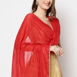 Dupatta Bazaar Red Embroidered Chanderi Dupatta with Sequinned image 3