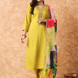 KALINI Floral Yoke Designed Regular Sequined Kurta With Trousers & Dupatta image 1