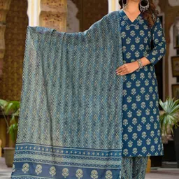 KALINI Floral Printed Regular Thread Work Kurta with Trousers & With Dupatta image 1
