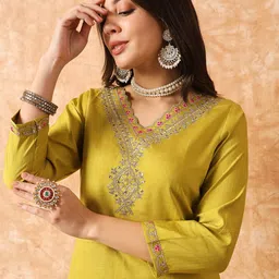 KALINI Floral Yoke Designed Regular Sequined Kurta With Trousers & Dupatta image 2