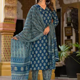 KALINI Floral Printed Regular Thread Work Kurta with Trousers & With Dupatta image 5