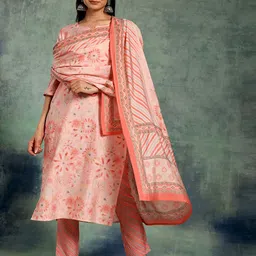 Libas Floral Printed Notched Neck Straight Kurta with Trousers & With Dupatta-picture-17