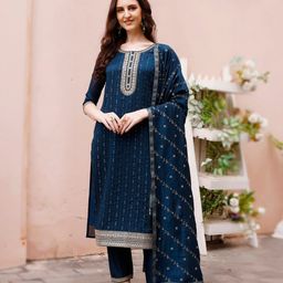 KALINI Embroidered Round Neck Straight Kurta & Trousers With Dupatta-picture-48