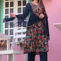 SINGNI V Neck Floral Printed Empire Anarkali Kurta with Trouser & Dupatta-image-95