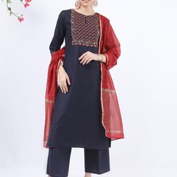 Vishudh Women Navy Blue Embroidered Kurta with Trousers & With Dupatta-image-98