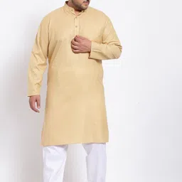 plusS Men Beige & White Regular Pure Cotton Kurta with Pyjamas-picture-16