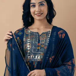 Anushansa Ethnic Motifs Printed Sequinned A-Line Kurta With Trousers And Dupatta image 4