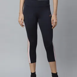 Alcis Women Navy Blue Striped Detail Fitted Training Three Fourth Tights-image-55