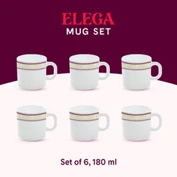 Larah by BOROSIL Elega 6 Pcs White & Maroon Printed Opalware Matte Mugs - 180 ML Each image 4