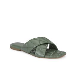 Delize Women Olive Green Quilted Open Toe Flats-20