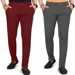 Pack of 2 Men Slim Fit Maroon, Grey Lycra Blend Trousers-image-50