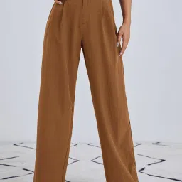Women Regular Fit Brown Cotton Blend Trousers-image-43