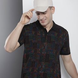 the indian garage co. Men Printed Polo Neck Cotton Blend Black T-Shirt-picture-42