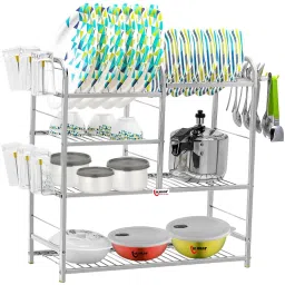 Stainless Steel 4 Shelf Wall Mount Kitchen Utensils Rack | Dish Rack with Plate & Cutlery Stand | Modular Kitchen Storage Rack Stainless Steel Kitchen Trolley-image-50