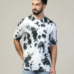 Men Tie & Dye, Abstract Round Neck Pure Cotton White, Black T-Shirt-image-1