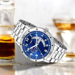 HOMT BLUE DIAL DAY & DATE DISPLAY SILVER CHAIN WITH WATER RESISTANCE Analog Watch - For Men Perfect for office and casual | Gift for brother | 6 months WARRANTY-image-97