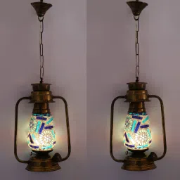Antique Pendant Hanging Lantern Lamp With Colorful Hand Decorated Light Shade Perfect Match Of Trading And Traditional Them Decoration, Metal, Glass Multicolor Glass, Metal Hanging Lantern-20