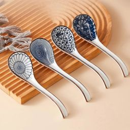 Ceramic Soup Spoons Set of 4, Retro Korean Style, Colorful Ramen Noodle Spoons Ceramic Soup Spoon Set-image-16