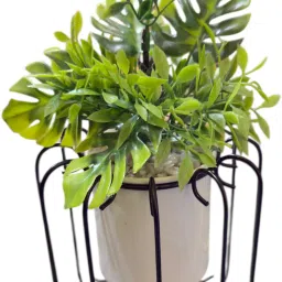 Artificial Green Leaf Plant with White Pot & Black Designer Metal Stand Bonsai Artificial Plant with Pot-25