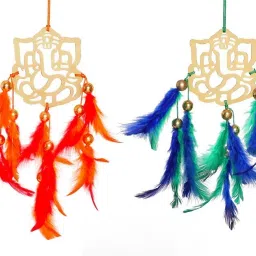 Handmade Ganesh Dreamcatcher CarHanging Windchime Ganesh Wall Hanging combo Brass, Feather Dream Catcher-image-15