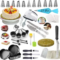 3 Pcs Cake Moulds (Heart/Round/Square)+ Cake Turn Table Stand + 2Pcs-10 inch Reusable MDF Cake Base Board + 12 Piece Cake Decorating Set With 25 Pcs disposable Piping Bag + 8 Pcs Black Measuring Cups And Spoon + Silicone Spatula and Brush Set + 4 Pcs Scraper + Electric Hand biter + Stainless Steel Cake Cutting Knife and Server Set with Clear & transparent handle like Crystal + Cake Smoother + 13 inch Angular Knife-3 Pcs Multi-Function Stainless Steel Cake Icing Spatula Knife Set (All Product Washable & Reusable) Kitchen Tool Set-image-39