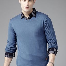 roadster Men Solid V Neck Blue Sweater-picture-8