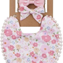 Girls Bib Set Flower Print Baby Drooling Bib with 2Pcs Bow Hairband Tie Back Bib-image-73